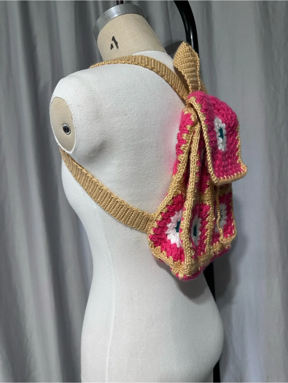 Handmade Pink Crochet Mini Backpack with Gold Trim